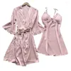 Kvinnors sömnkläder 2 datorer/Set Women Pyjama Set Lace Patchwork Bow Decor Solid Color Silkesy Tight midje långärmad nattklänning Split Nightdress