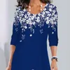 Vestidos casuais mulheres primavera vestido flor impressão a linha grande balanço manga longa tripulação pescoço solto elegante senhora diária midi