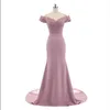 New Arrival Pink V Neck Cap Sleeve Vintage Lace Appliques Beaded Mermaid Bridesmaid Dresses Party Gowns Vestido De Festa305b