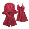 Kvinnors sömnkläder 2 datorer/Set Women Pyjama Set Lace Patchwork Bow Decor Solid Color Silkesy Tight midje långärmad nattklänning Split Nightdress