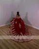 Prenses Kırmızı Kapalı Omuz Balo Elbise Quinceanera Kızlar için Boncuk Altın Aplikler Doğum Günü Partisi Elbiseler Balo Elbiseleri Dantel 322
