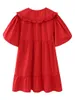 Casual Kleider Bogen Tasten Rot Mini Kleid Für Frau Pater Pan Kragen Puff Hülse Lose Kurze Vestidos Süße Nette Mode 2024