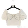 2024 Summer Kids Clothes Tops For Girls Fashion Bow Diamond Bubble Sleeve Square Neck Shirt Trendy Crop Top Children Clothing