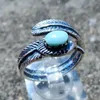 Cluster Rings 925 Sterling Silver Vintage Larimar Jewelry Design Women's Justerable Ring