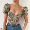 Mulheres Camisetas Estilo Francês Puff Mangas Corset Top Sexy Backless Fishbone Bustier Tanque Mulheres Vintage Flor Irregular Camisole Streetwear