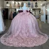 Sweet Pink Quinceanera 드레스 3D 꽃 스위트 15 생일 파티 가운 럭셔리 어깨 소녀 vestidos de 15 anos 2024