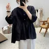 Women's Blouses Korean Style Loose O-neck Summer Women Solid All-match Fashion Leisure College Female Fold Vintage Simple Breathable