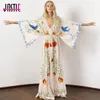 Jastie Geborduurde Dames Maxi-jurk V-hals Batwing-mouwen Losse oversized zomerjurken Trekkoord in de taille Boho Strandvestidos 240116