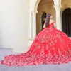 Красные платья принцессы Quinceanera с цветочной аппликацией и бусинами Тюль бальное платье Sweet 16 Dress Vestidos De 15 Anos Quinceanera Pageant День рождения