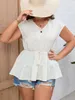 Women's Blouses Women Summer Fashion Casual Plus Size XL-4XL Sweet Short Sleeve V Neck Elastic Waist Loose White Blouse