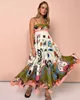 호주 디자이너 팬시 팬시 긴 드레스 추상 패턴 섹시한 여자 면화 린넨 고삐 낙서 인쇄 민소매 스윙 드레스