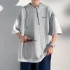 Summer Waffle Hooded Short Sleeve T-shirt Korean Fashion Fake Two Tshirt Y2K Streetwear Oversize Tee Tops Casual Ropa Hombre 240116