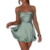 Vestidos casuais combhasaki mulheres vintage retro cor sólida cetim seda cami playsuits cowl pescoço sem mangas cruz tie-up backless curto