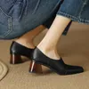 Dress Shoes 2024 Spring Women Pumps Natural Leather 22-24.5cm Length Cowhide Pigskin Full Square Toe Retro Heels