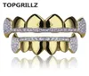 Topgrillz Gold Hip Hop Teeth Grillz Micro Micro Cubic Zircon oolbottom Vampire Vangs Shows Set Holleween IDEA3551615