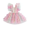 Flickaklänningar 0-24m född Baby Summer Princess Dress Sleeve Square Neck Fjäril/schweiziska prickar Tulle Backless Bandage