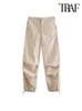 TRAF femmes mode poches latérales plis genou Jogging pantalon Vintage taille haute élastique avec cordon femme pantalon Mujer 240116