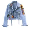 Kurtki damskie kurtki damskie wiosenne dżinsowe kurtka mody kwiaty haftowe cekiny krótkie dżinsy vintage luźne streetwear dhhoe