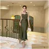 Basic & Casual Dresses Casual Dresses Floral Chocker Attached Satin Cami Maxi Dress Elegant Drop Delivery Apparel Women'S Clothing Dr Dhh0D