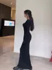 Qweek y2k seksi siyah dres vintage wrap slim bodycon uzun elbiseler parti akşam kare yaka 2024 moda bahar kıyafetleri 240117