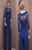 Royal Blue Plus Size Mother of Bride Pant Suits 34 Spets ärm Mother Jumpsuit Chiffon Cocktail Party Evening Dresses Custom Made3813703