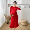 Autumn Winter Sticked Maternity Sweaters Chic ins elegant A Line Slim Dress Clothes For Pregnant Women Beading Ruffle Pregrancy 240117