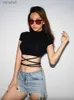 Camicette da donna Camicie 2022 Donne estive Nero T-shirt corte Crop top sexy Manica corta Fasciatura Tee Top Camicie femminili YQ240117