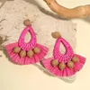 Boucles d'oreilles pendantes AENSOA faites à la main en rotin rose tricoté boule tissée pompon en forme de larme suspendue pour femmes déclaration bijoux en raphia