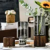 Vases Modern European Style Vase Living Room Dining Table Flower Arrangement Wooden Base Transparent Glass Vase Home Decoration Gift YQ240117