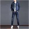 Men'S Tracksuits Smart Business Tracksuits Simple Blue Men Two-Piece Sets Spring Autumn Denim Jacket And Jeans Fashion Slim Trendy St Dhheb