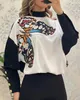 T-shirts Femmes Femmes Blouse Une épaule Asymétrique Suspendue Col Tee Colorblock Papillon Imprimé Chaîne Boutonnée Froid Manches Longues Casual