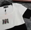 merk dames T-shirt luxe mode vierkante kraag met korte mouwen gebreid damesbovenkledingstuk van hoge kwaliteit 17 januari
