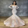 Vestidos de novia de sirena de manga larga de champán vintage con apliques de encaje de marfil Con cuentas Aso Ebi Árabe 2022 Vestidos de novia Sheer Crew237b