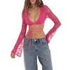 T-shirt da donna Manica lunga Crop Top Lace Trim Front Tie-up Cardigan casual Club Streetwear Camicette estetiche 2024