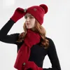 3 pezzi set berretto invernale cappello sciarpa guanti touchscreen set per donna caldo lavorato a maglia foderato in pile etichetta in pelle berretto con palla di pelo 240116