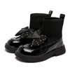 Cotton Children's Shoes for Girls and Velvet Leather Boots Winter Girl's Bow Leather Sock Boots