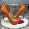 Elbise ayakkabıları turuncu mor patchwork kadınlar sürünce sivri ayak parmağı 8-12cm yüksekliğinde sahte süet zarif stiletto pompalar küçük boyut 33 45