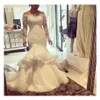 E JUE SHUNG White Organza Lace Appliques Mermaid Dresses Off the Shoulder Long Sleeves Wedding Gowns robe de soiree201g