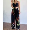 Été femmes imprimé Tropical Spaghetti sangle décontracté à lacets dos haut taille haute pantalon ensemble 2 pièces costume ensembles 2023 femme vêtements 240116