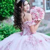 Robe De Quinceanera rose chérie princesse fleur appliques dentelle perles robes De 15 Anos douce formelle fête d'anniversaire robe De bal