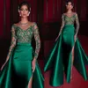 Elegant Mermaid Evening Dresses 2022 Green Formal Dress Long Sleeves Satin Sexy Slit Beads Party Prom Gowns vestidos de noiva282o