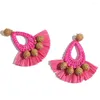 Boucles d'oreilles pendantes AENSOA faites à la main en rotin rose tricoté boule tissée pompon en forme de larme suspendue pour femmes déclaration bijoux en raphia