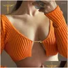 Mulheres camisetas Mulheres Camisetas Manga Longa Cardigan Y2K Super Curto Top Colheita Mulheres Laranja High Street Low Cut V-Neck Tee-shirt Aberto W Dhr01