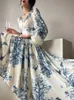 PEIRESA Designer Fashion Printed Beading Party Maxi Dresses For Women 2023 French Elegant V Neck Lantern Sleeve Holiday Dress 240117