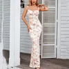 Casual Dresses Women Floral Maxi Dress 2024 Sling Ruched Bandage Sexig French Romance Flower Slim Bohemian Evening Holiday Party Clubwear