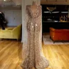 Gold Glitter Ballkleider Arabisch Dubai Pailletten Perlen V-Ausschnitt Meerjungfrau Abendkleider Luxus Lange Ärmel Pageant Kleid Nach Maß267W