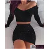 Tvådelklänning Spring Fashion Women Y Casual Set Set Sets BodyCon Glitter Off Shoder Crop Top Kjol 221122 Drop Delivery Dhxwe