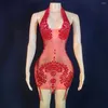 Stage Wear Nude Rosso Rosa Sexy Strass Trasparenti Celebrare Halter Backless Dress Compleanno Abito da ballo Prom Party Poshoot