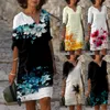 Lässige Kleider Retro Boho für Frauen Sommer Strand Plus Größe V-Ausschnitt Baumwolle Leinen mittellanges Ärmelkleid Eleganter Blumendruck Vestid