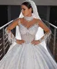 Vintage Ball Gown Wedding Dresses Sheer High Collar Long Sleeves Bridal Gowns Appliques Sequins Tassel Sweep Train Zipper Dress For Bride Custom Made